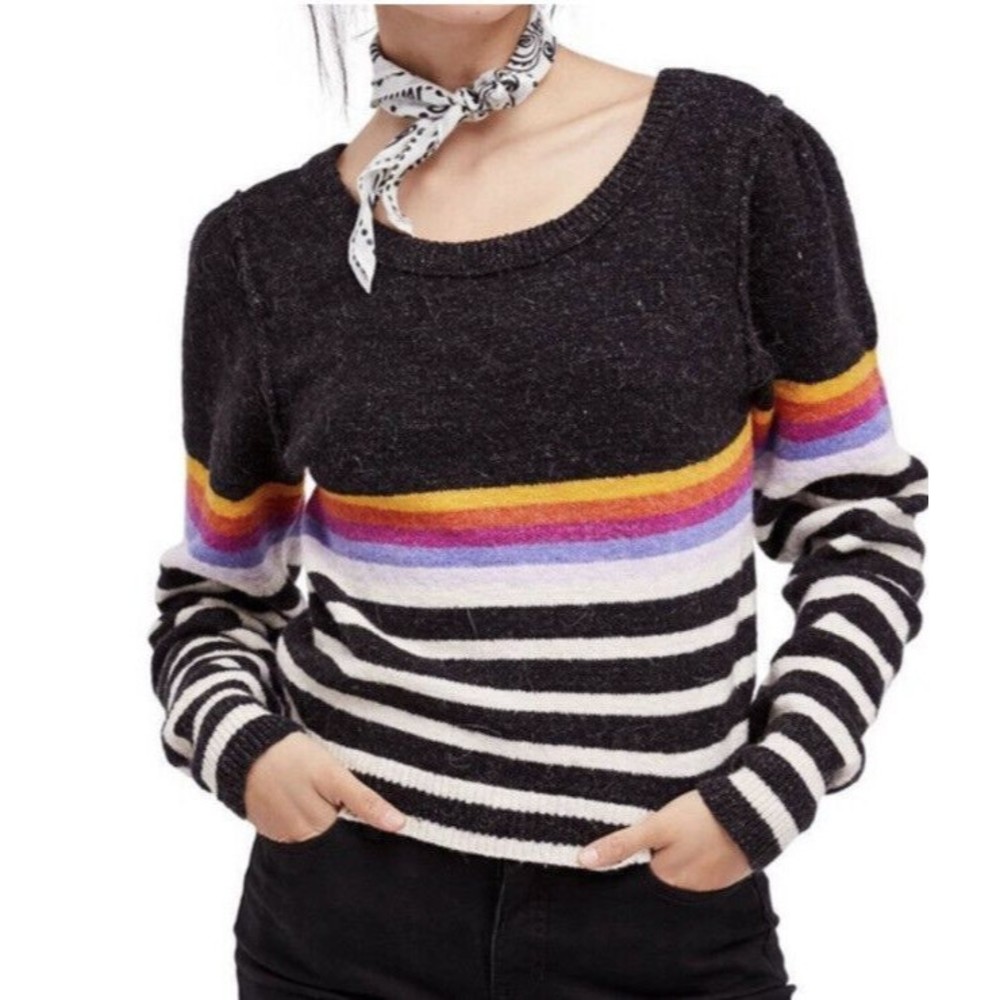 Free People Womens Pullover Long Sleeve Alpaca Sweater Black Rainbow Stripes L